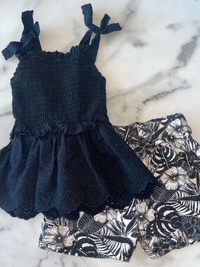 Rare Editions Navy Eyelet Tank with Black & White Floral Shorts